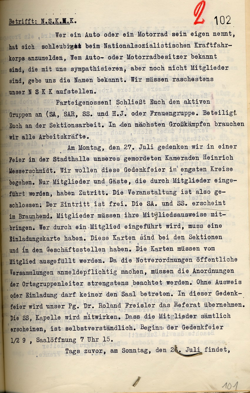 Rundschreiben: Reaktion der hiesigen NSDAP auf die Reduzierung der Dauer des Veröffentlichungsverbots der "Hessischen Volkswacht", Kassel im Juli 1931.