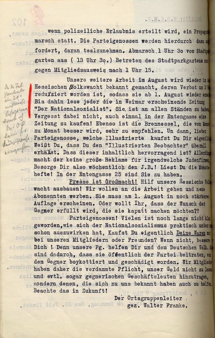 Rundschreiben: Reaktion der hiesigen NSDAP auf die Reduzierung der Dauer des Veröffentlichungsverbots der "Hessischen Volkswacht", Kassel im Juli 1931.