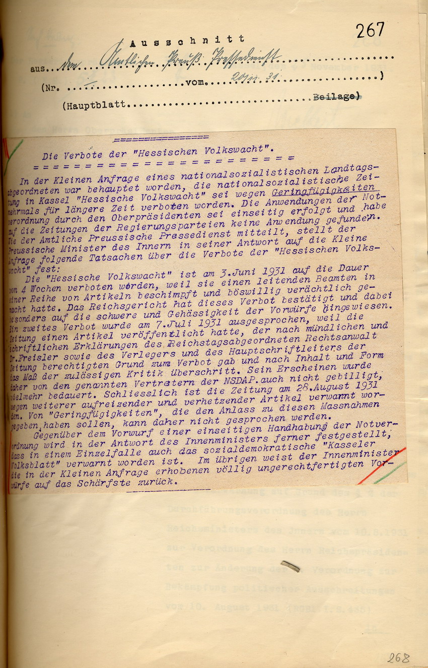 Öffentliche Stellungnahme des Innenministers zum Verbot der nationalsozialistischen Zeitung "Hessische Volkswacht", Kassel, den 20. und 22. November 1931.