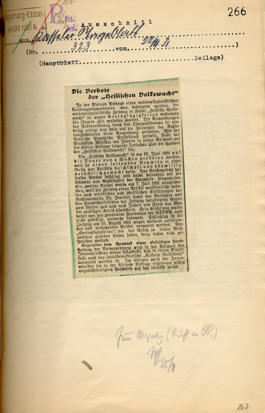 Öffentliche Stellungnahme des Innenministers zum Verbot der nationalsozialistischen Zeitung "Hessische Volkswacht", Kassel, den 20. und 22. November 1931.