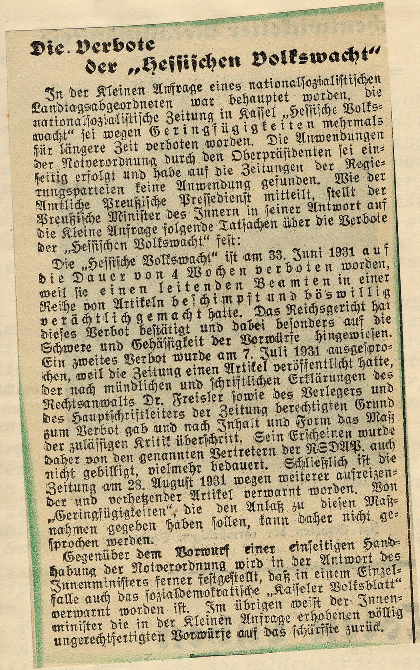 Öffentliche Stellungnahme des Innenministers zum Verbot der nationalsozialistischen Zeitung "Hessische Volkswacht", Kassel, den 20. und 22. November 1931.