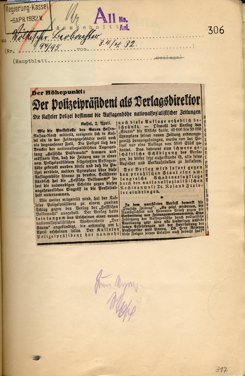 Reaktionen der "Hessischen Volkswacht" und des "Völkischen Beobachters" auf die polizeiliche Anordnung, die Auflagenhöhe nationalsozialistischer Zeitungen zu beschränken, Kassel, den  29. März und den 4. April 1932.