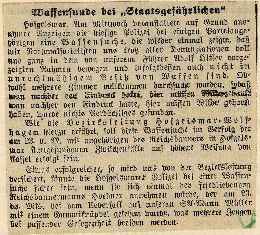 Artikel aus der nationalsozialistischen Zeitung "Hessische Volkswacht" über eine polizeiliche Haussuchung bei NSDAP-Mitgliedern in Hofgeismar, Kassel, den 4. September 1931.