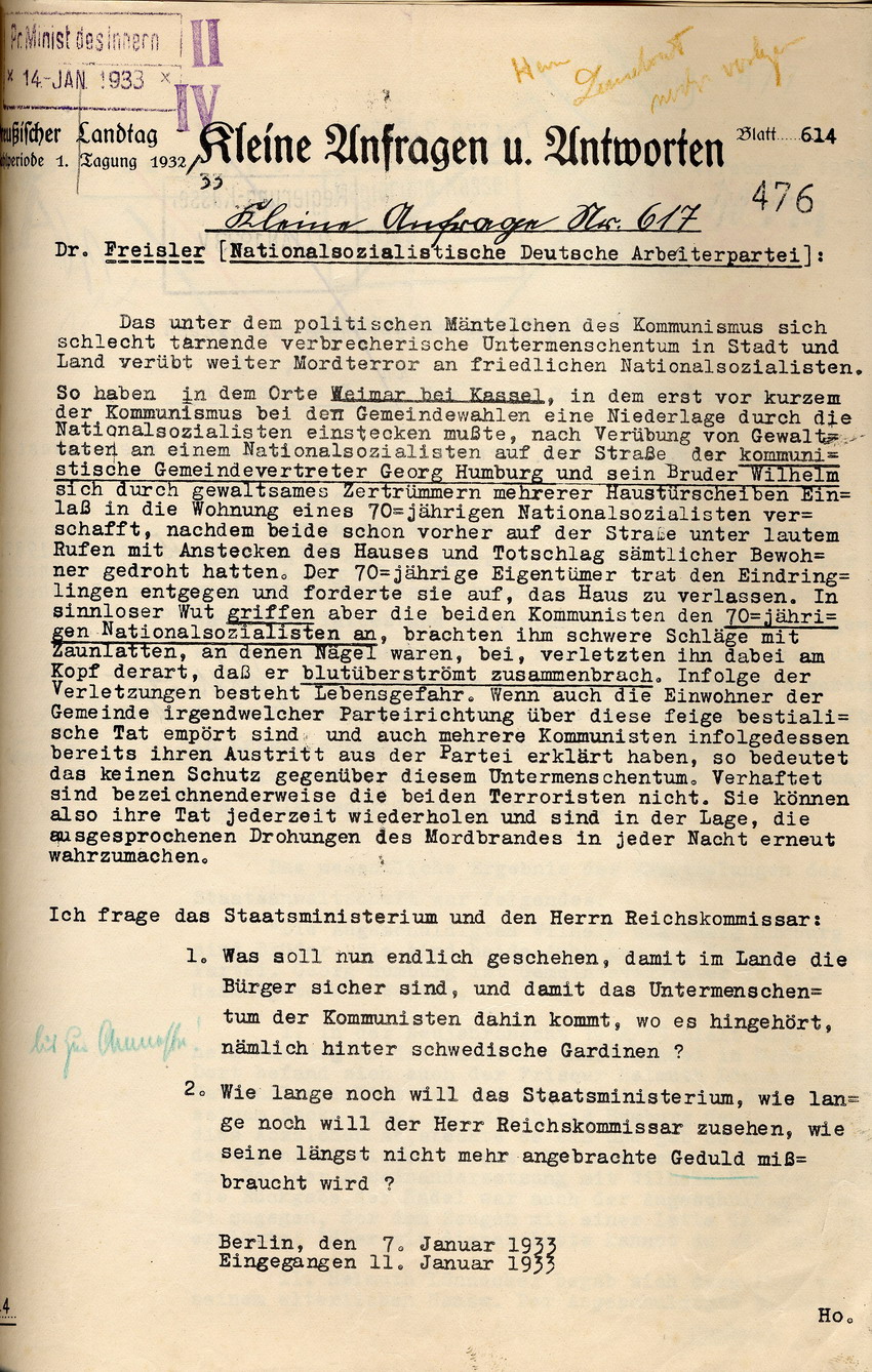 Freisler als Abgeordneter im Preußischen Landtag: Urantrag und offizielle Anfragen aus den Jahren 1932 und 1933.