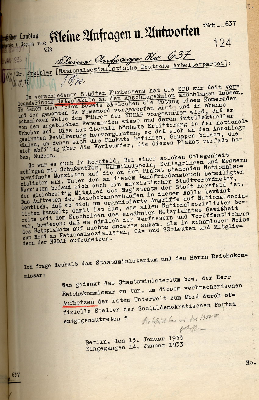 Freisler als Abgeordneter im Preußischen Landtag: Urantrag und offizielle Anfragen aus den Jahren 1932 und 1933.