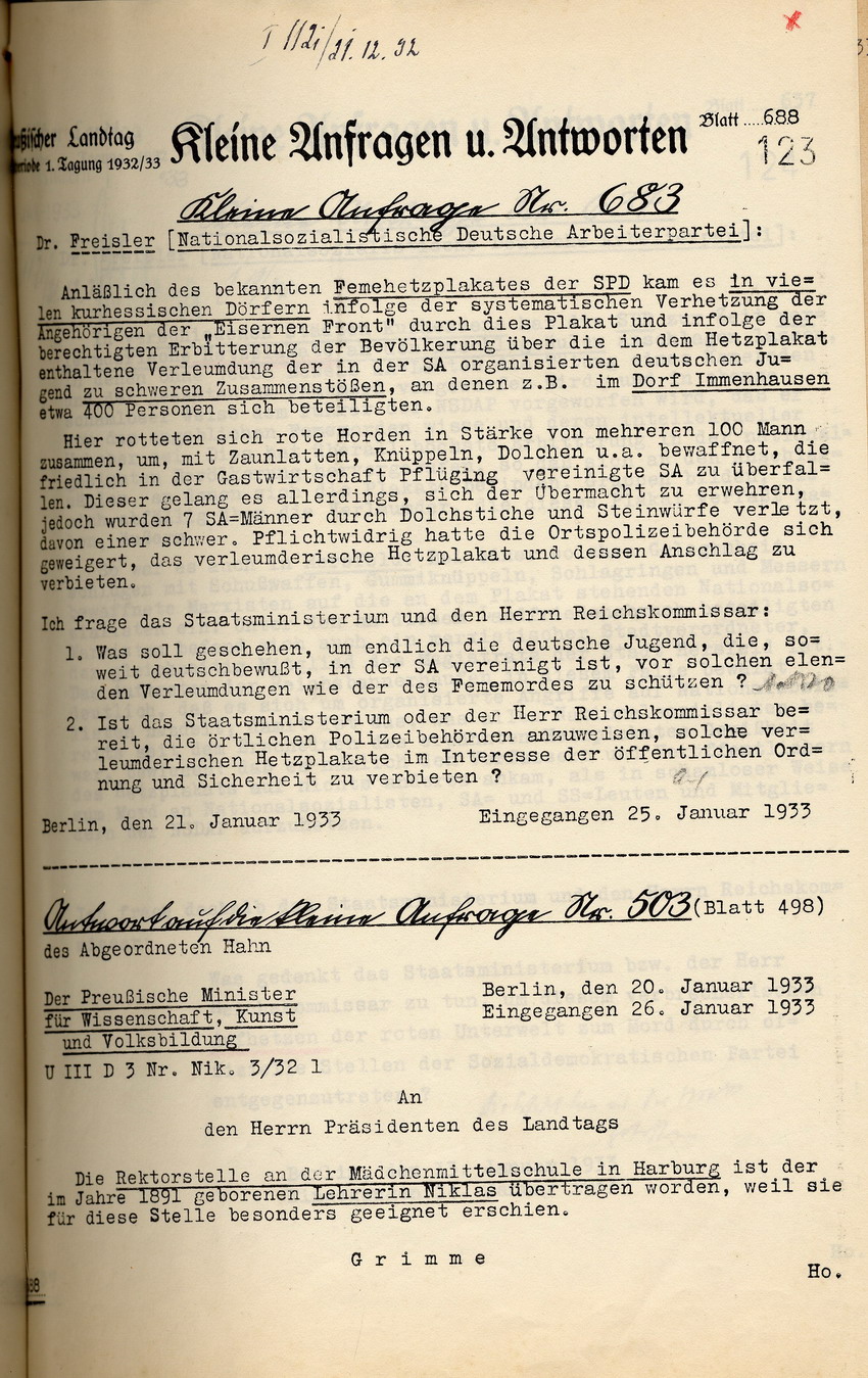 Freisler als Abgeordneter im Preußischen Landtag: Urantrag und offizielle Anfragen aus den Jahren 1932 und 1933.
