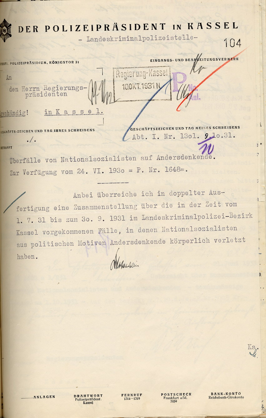 Übersicht des Polizeipräsidenten über gewaltsame Zusammenstöße zwischen Nationalsozialisten und Andersdenkenden im Landeskriminalpolizeibezirk Kassel, Kassel, den 1. Oktober 1931.