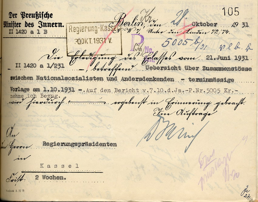 Übersicht des Polizeipräsidenten über gewaltsame Zusammenstöße zwischen Nationalsozialisten und Andersdenkenden im Landeskriminalpolizeibezirk Kassel, Kassel, den 1. Oktober 1931.