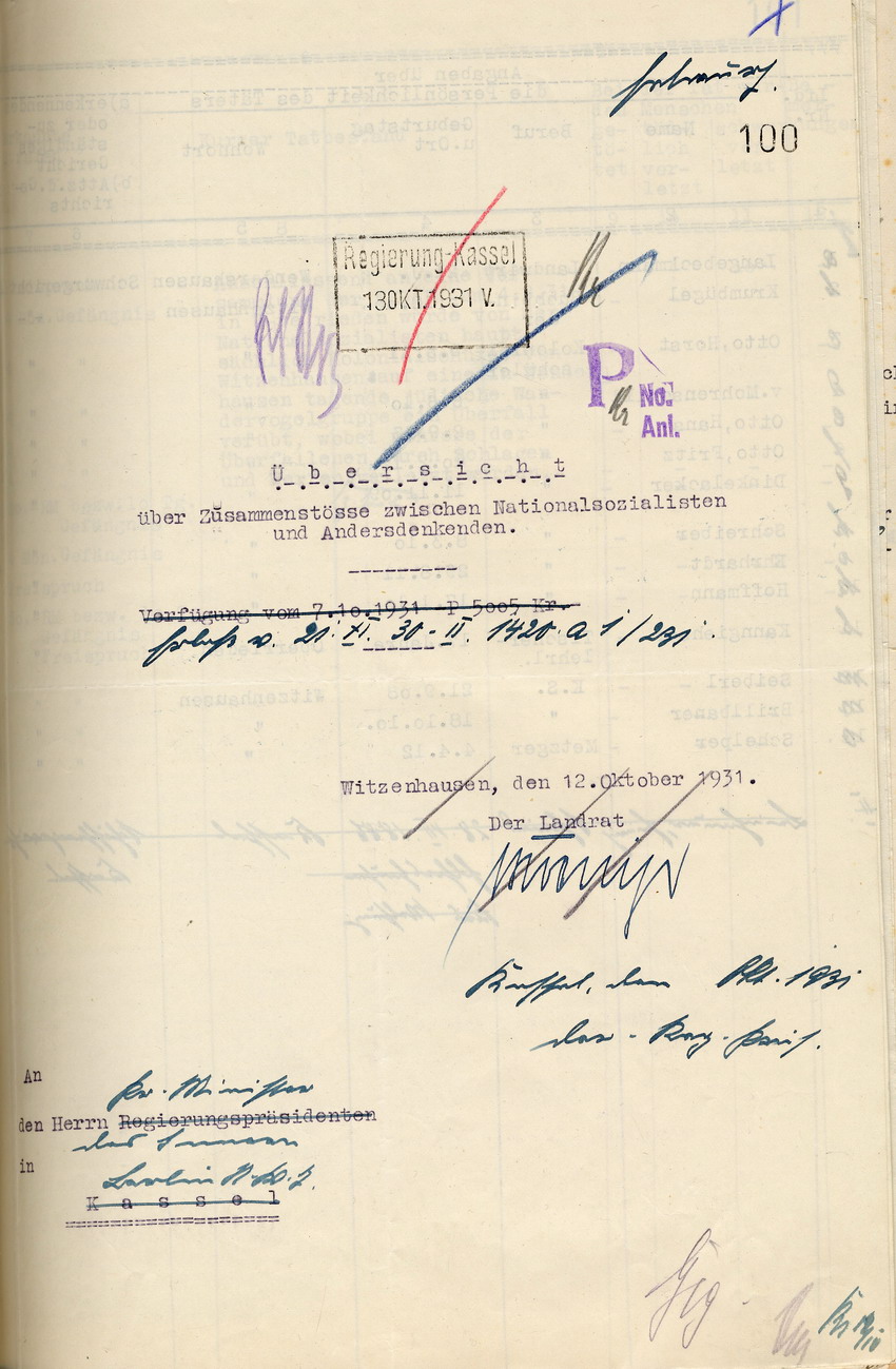 Übersicht des Landrates über Zusammenstöße zwischen Nationalsozialisten und Andersdenkenden, Witzenhausen, den 12. Oktober 1931.