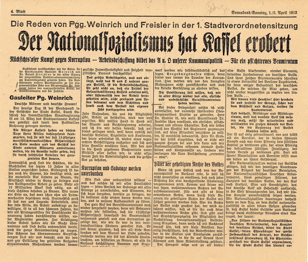 Artikel der nationalsozialistischen Zeitung "Hessische Volkswacht" vom 1. und 2. April 1933: "Der Nationalsozialismus hat Kassel erobert".