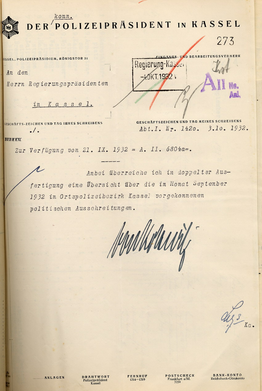 Übersicht des Polizeipräsidenten über die im Monat September 1932 im Ortspolizeibezirk Kassel vorgekommenen politischen Ausschreitungen, Kassel, den 3. Oktober 1932.
