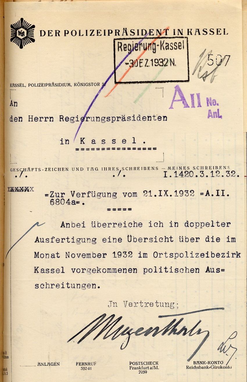 Übersicht des Polizeipräsidenten über die im Monat November 1932 im Ortspolizeibezirk Kassel vorgekommenen politischen Ausschreitungen, Kassel, den 3. Dezember 1932.