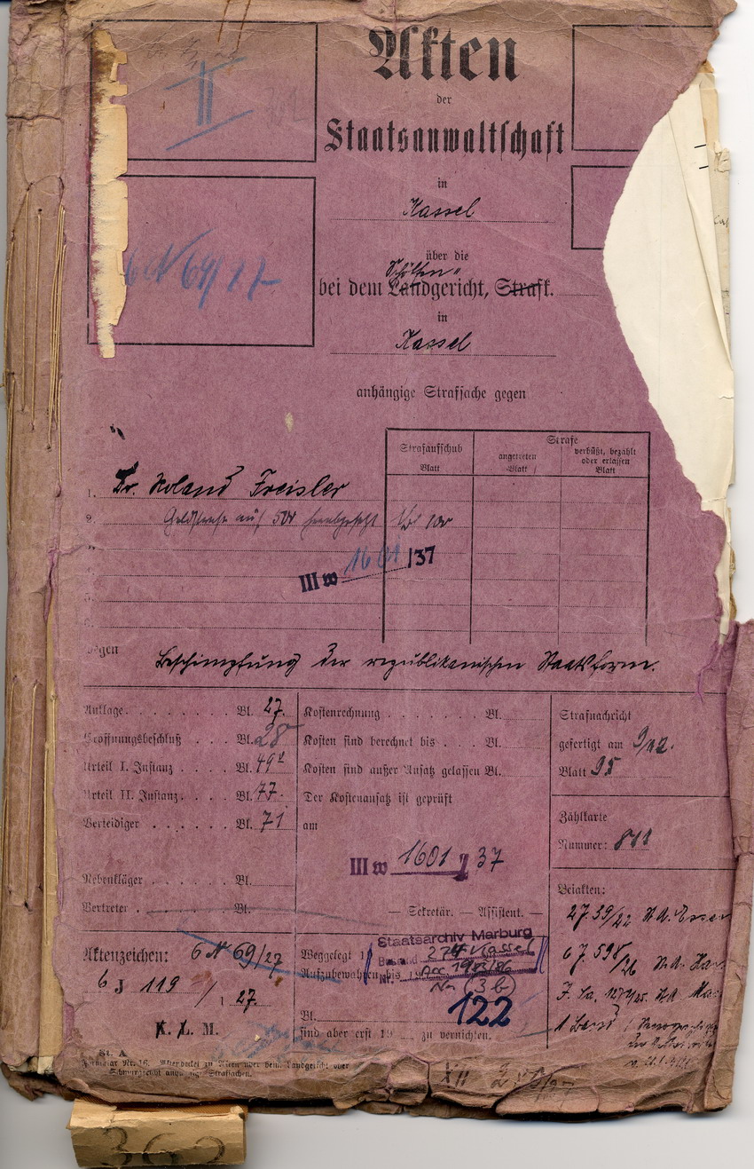 Anzeige der Stadtverordneten an den Staatsanwalt in Kassel gegen Freisler wegen Beschimpfung der republikanischen Staatsform in der Stadtverordnetenversammlung vom 21. Juni 1926, Kassel, den 27. Januar 1927.