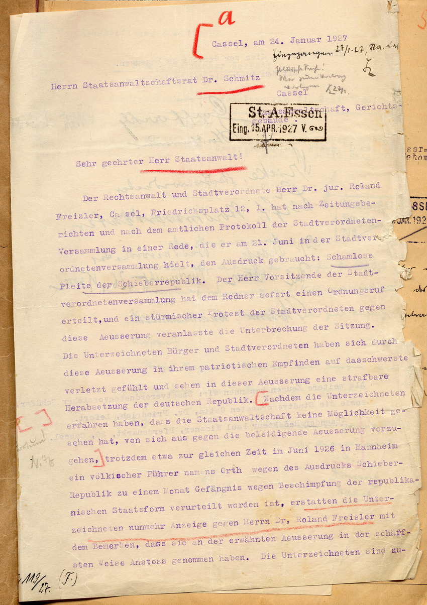 Anzeige der Stadtverordneten an den Staatsanwalt in Kassel gegen Freisler wegen Beschimpfung der republikanischen Staatsform in der Stadtverordnetenversammlung vom 21. Juni 1926, Kassel, den 27. Januar 1927.