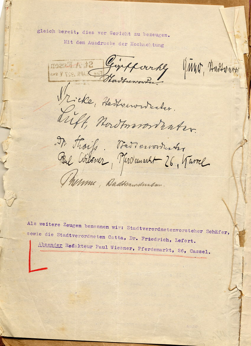 Anzeige der Stadtverordneten an den Staatsanwalt in Kassel gegen Freisler wegen Beschimpfung der republikanischen Staatsform in der Stadtverordnetenversammlung vom 21. Juni 1926, Kassel, den 27. Januar 1927.