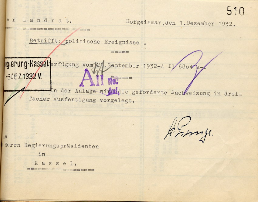 Übersicht des Landrates über die im Monat November 1932 im Ortspolizeibezirk Hofgeismar vorgekommenen politischen Ausschreitungen, Hofgeismar, den 1. Dezember 1932.