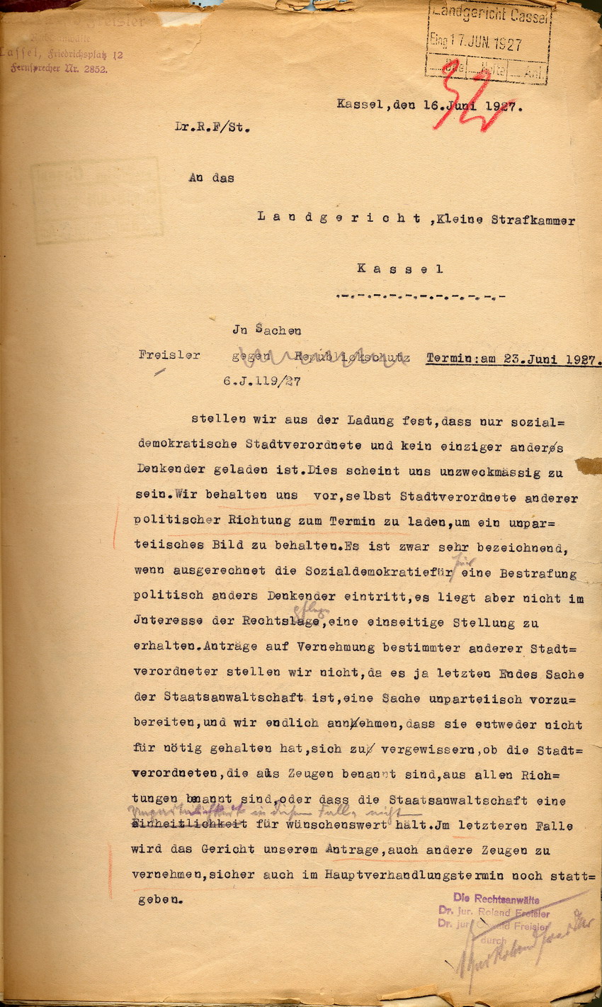 Antrag der Anwälte Freisler an die kleine Strafkammer des Landgerichts Kassel, weitere Zeugen aus der Stadtverordnetenversammlung im Prozess zu zulassen, Kassel, den 17. Juni 1927.