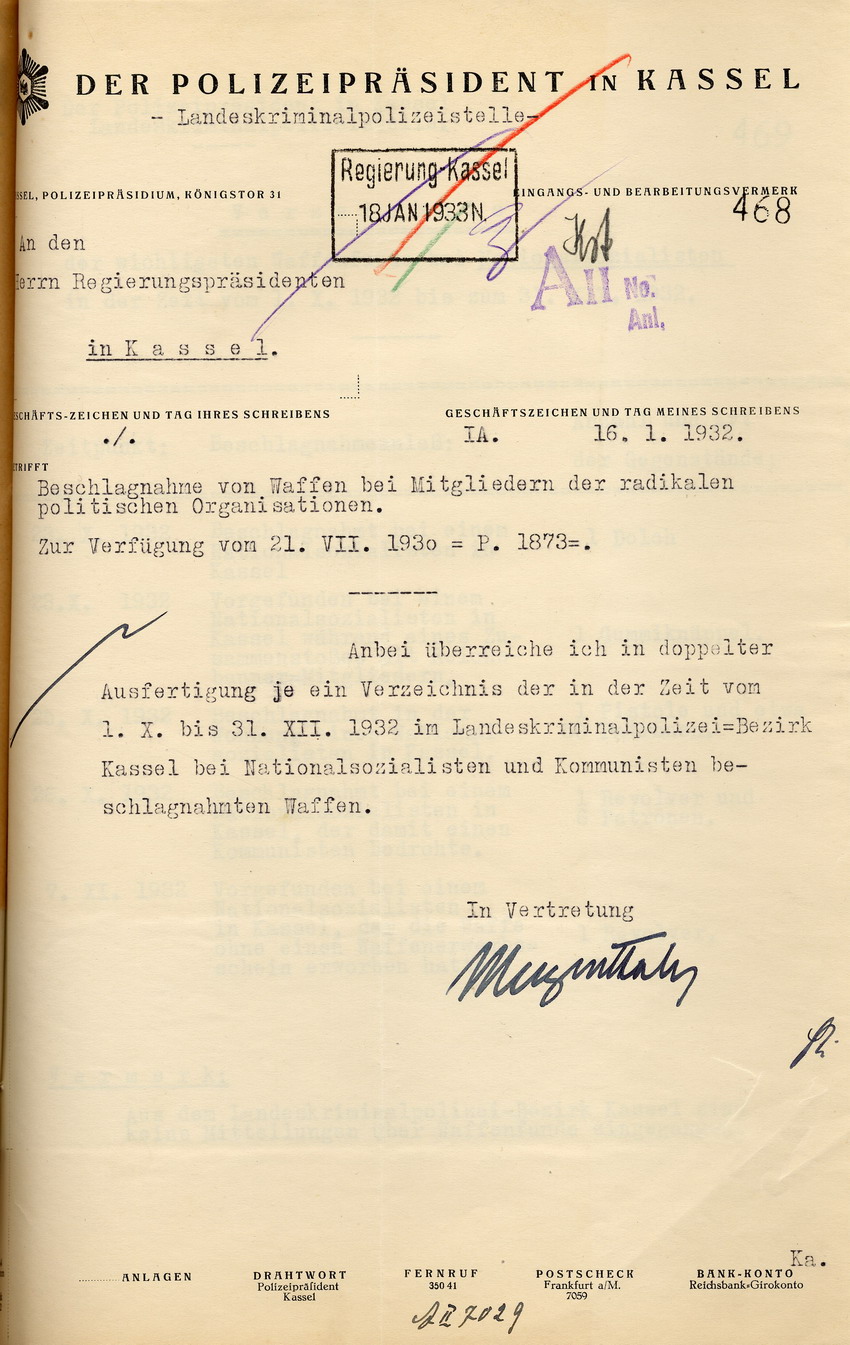 Zwei Verzeichnisse des Polizeipräsidenten über die wichtigsten Waffenfunde bei Nationalsozialisten und Kommunisten in der Zeit vom 1. Oktober 1932 bis zum 31. Dezember 1932, Kassel, den 16. Januar 1933.