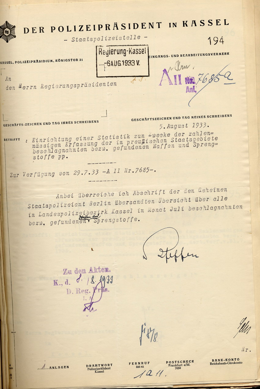 Übersicht des Polizeipräsidenten über die beschlagnahmten bzw. gefundenen Waffen und Sprengstoffe in der Provinz Hessen-Nassau, Staatspolizeistelle Kassel, für den Monat Juli 1933, Kassel, den 5. August 1933.
