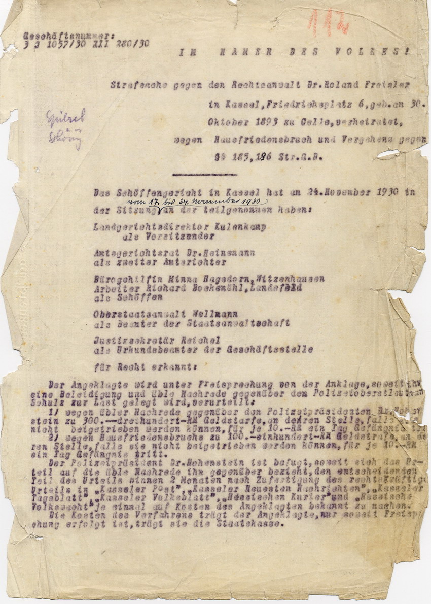 Prozessakte: "Urteil des Schöffengerichts Kassel gegen den Rechtsanwalt Dr. Roland Freisler wegen Beleidigung u. a.", Kassel, den 24. November 1930.