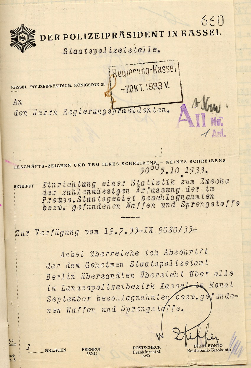 Übersicht des Polizeipräsidenten über die beschlagnahmten bzw. gefundenen Waffen und Sprengstoffe in der Provinz Hessen-Nassau, Staatspolizeistelle Kassel, für den Monat September 1933, Kassel, den 5. Oktober 1933.