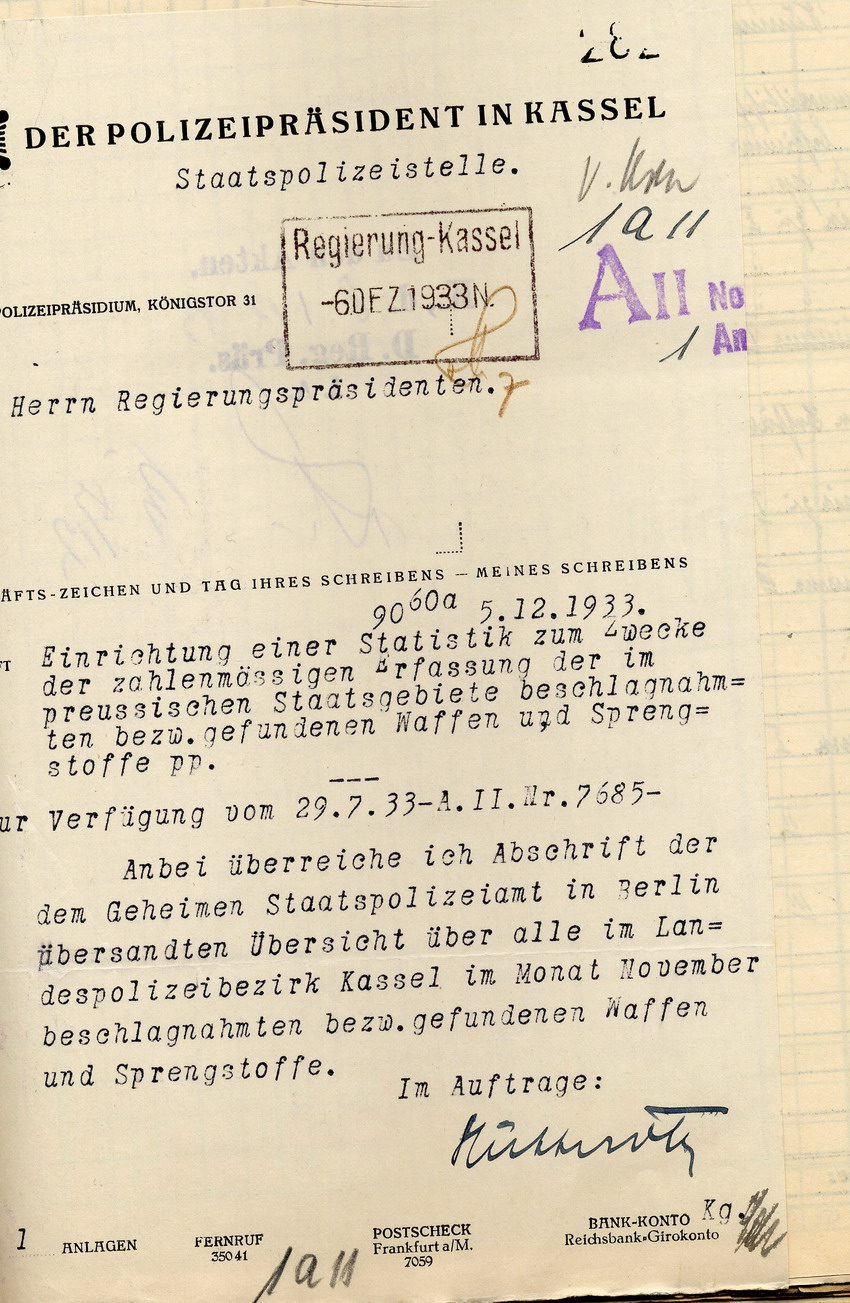 Übersicht des Polizeipräsidenten über die beschlagnahmten bzw. gefundenen Waffen und Sprengstoffe in der Provinz Hessen-Nassau, Staatspolizeistelle Kassel, für den Monat November 1933, Kassel, den 5. Dezember 1933.