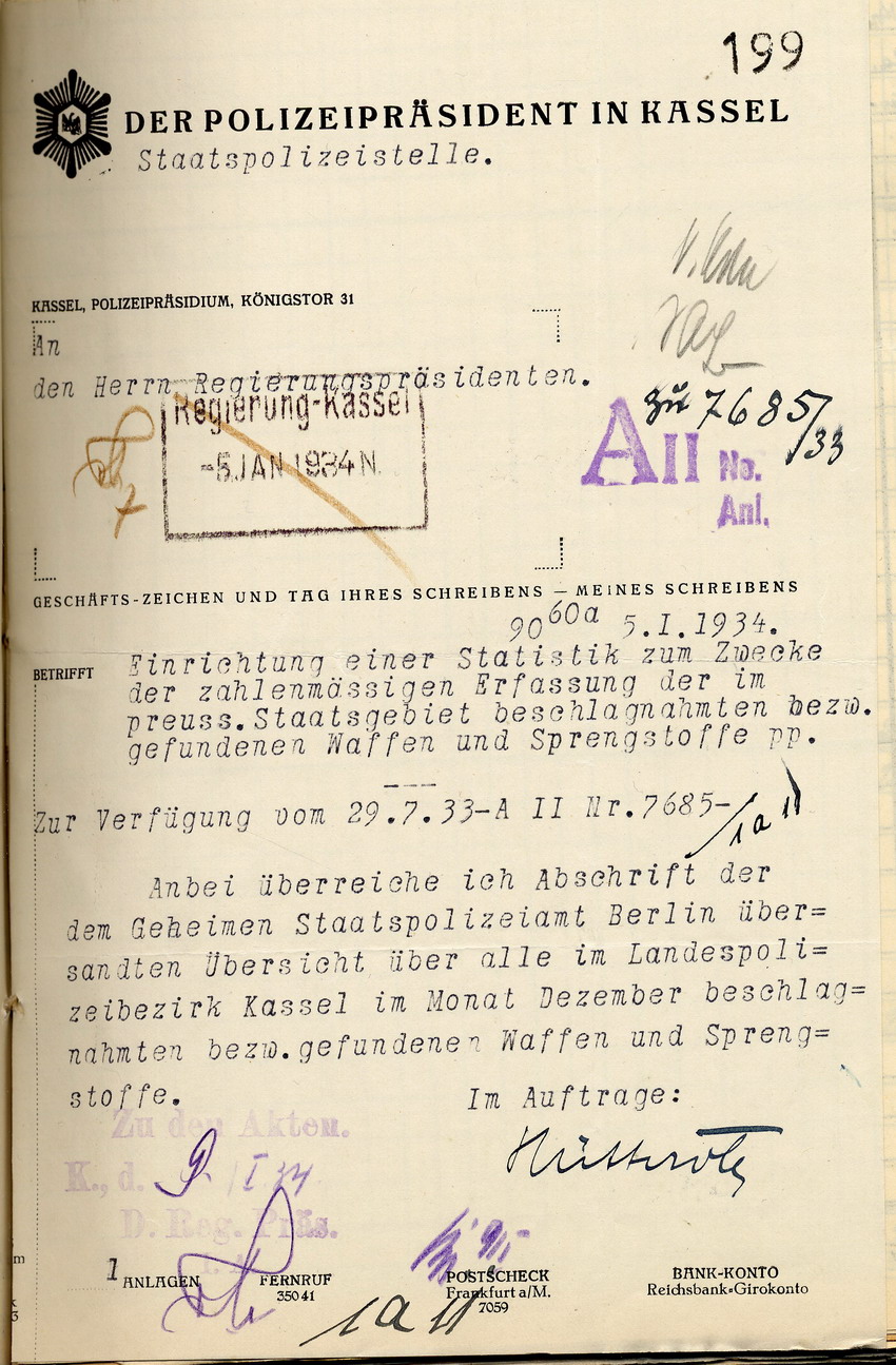 Übersicht des Polizeipräsidenten über die beschlagnahmten bzw. gefundenen Waffen und Sprengstoffe in der Provinz Hessen-Nassau, Staatspolizeistelle Kassel, für den Monat Dezember 1933, Kassel, den 5. Januar 1934.