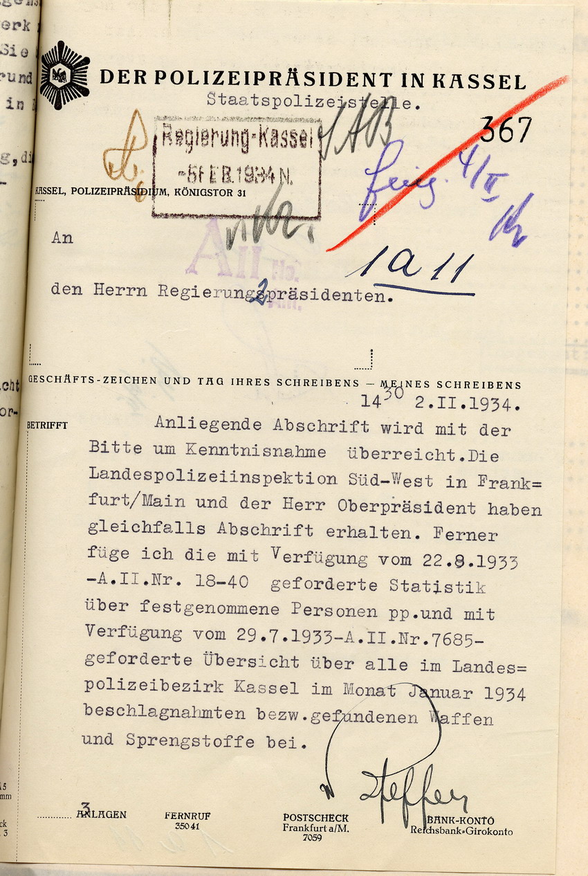 Übersicht der beschlagnahmten bzw. gefundenen Waffen und Sprengstoffe in der Provinz Hessen-Nassau, Staatspolizeistelle Kassel für den Monat Januar 1934, Kassel, den 2. Februar 1934.