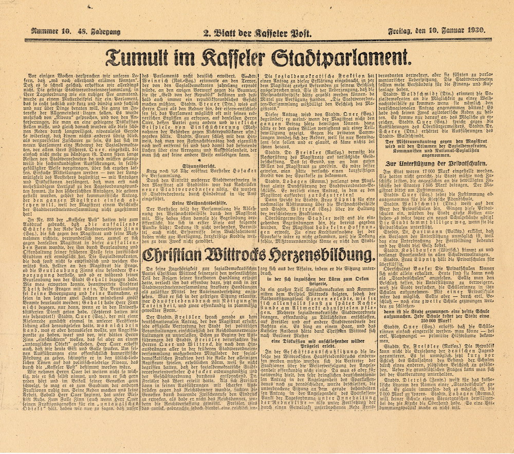 Zeitungsartikel über die Kasseler Stadtverordnetenversammlung vom 9. Januar 1930 aus der "Kasseler Post": "Tumult im Kasseler Stadtparlament. Christian Wittrocks Herzenbildung", Kassel, den 10. Januar 1930.