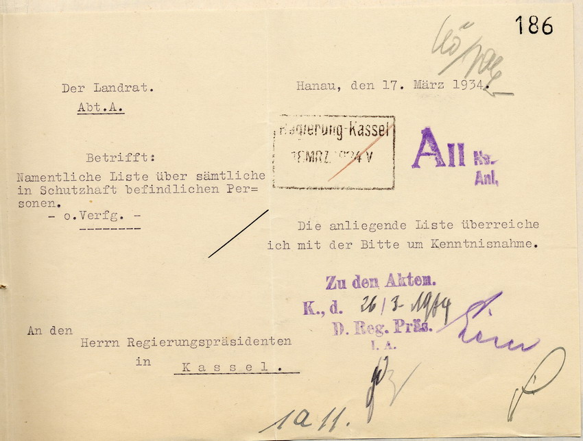 Namentliche Liste des Landrates über alle in Schutzhaft befindlichen Personen im Kreis Hanau Land, Hanau, den 17. März 1934.