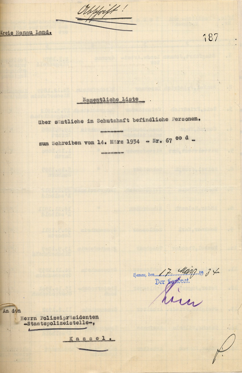 Namentliche Liste des Landrates über alle in Schutzhaft befindlichen Personen im Kreis Hanau Land, Hanau, den 17. März 1934.
