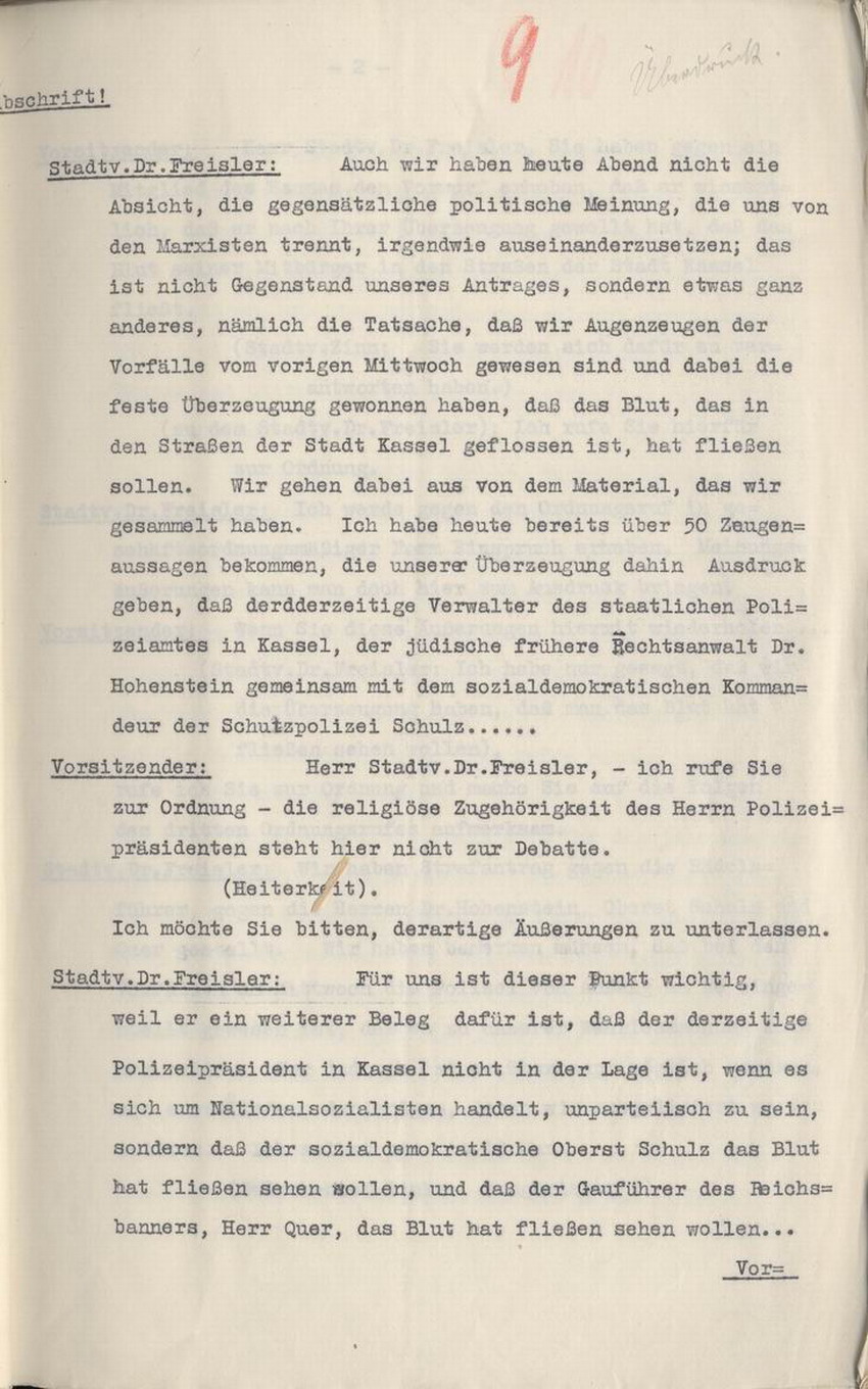 Stenographische Niederschrift der Stadtverordnetenvesammlung in Kassel vom 23. Juni 1930.