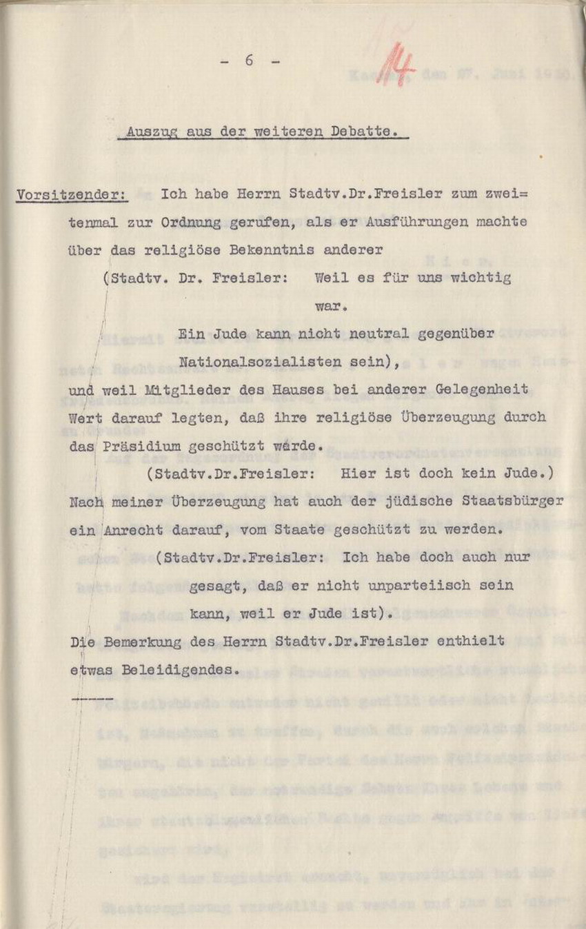 Stenographische Niederschrift der Stadtverordnetenvesammlung in Kassel vom 23. Juni 1930.