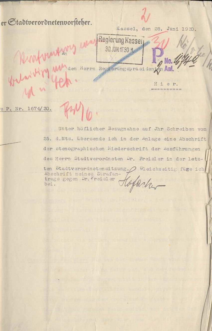 Strafantrag des Stadtverordnetenvorstehers Hofacker gegen Freisler an den Oberstaatsanwalt, Kassel, den 27. und 28. Juni 1930.