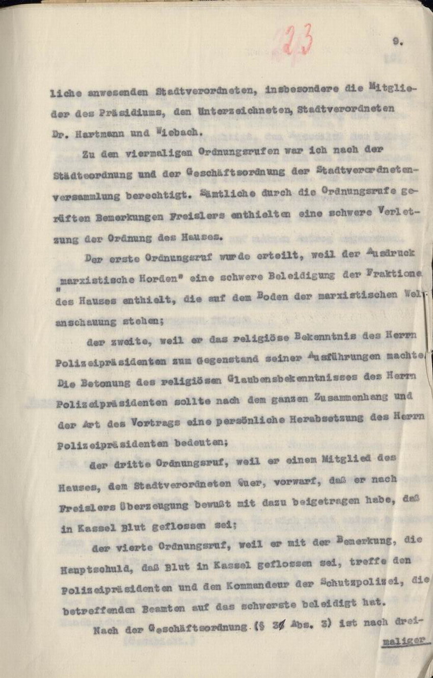 Strafantrag des Stadtverordnetenvorstehers Hofacker gegen Freisler an den Oberstaatsanwalt, Kassel, den 27. und 28. Juni 1930.