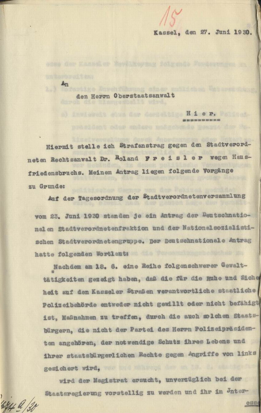 Strafantrag des Stadtverordnetenvorstehers Hofacker gegen Freisler an den Oberstaatsanwalt, Kassel, den 27. und 28. Juni 1930.