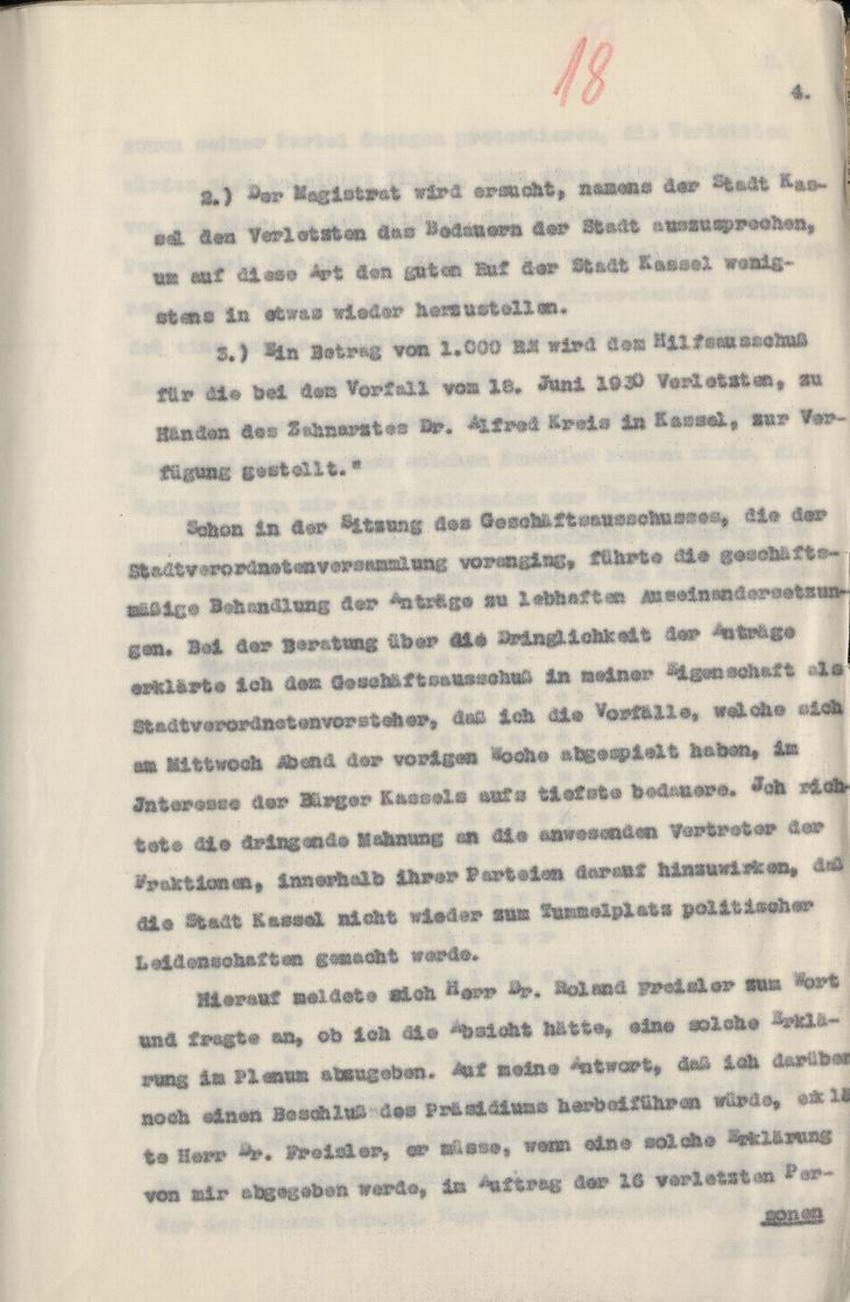 Strafantrag des Stadtverordnetenvorstehers Hofacker gegen Freisler an den Oberstaatsanwalt, Kassel, den 27. und 28. Juni 1930.