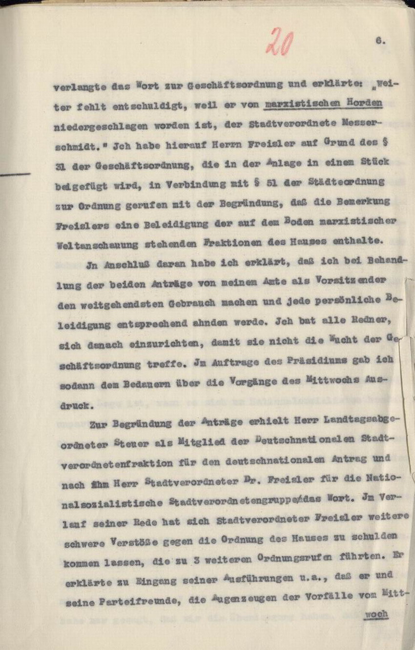 Strafantrag des Stadtverordnetenvorstehers Hofacker gegen Freisler an den Oberstaatsanwalt, Kassel, den 27. und 28. Juni 1930.