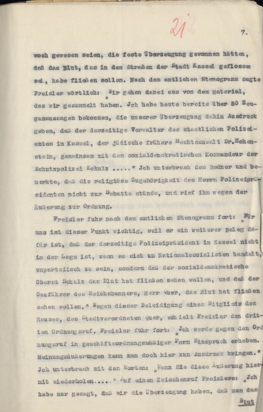 Strafantrag des Stadtverordnetenvorstehers Hofacker gegen Freisler an den Oberstaatsanwalt, Kassel, den 27. und 28. Juni 1930.