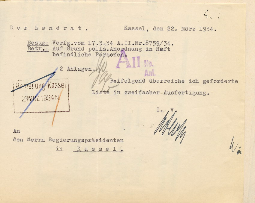 Landrat: Nachweisung der am 13. März 1934 in Haft befindlich gewesenen Personen, deren Freiheitsbeschränkung nicht auf richterlichem Haftbefehl, sondern auf polizeilicher Anordnung beruht, im Kreis Kassel, Kassel, den 22. März 1934.