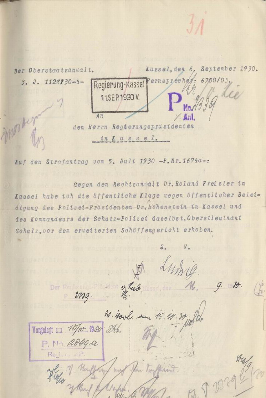 Klageerhebung gegen Freisler im Beleidigungsprozess, Kassel, den 6. September 1930.