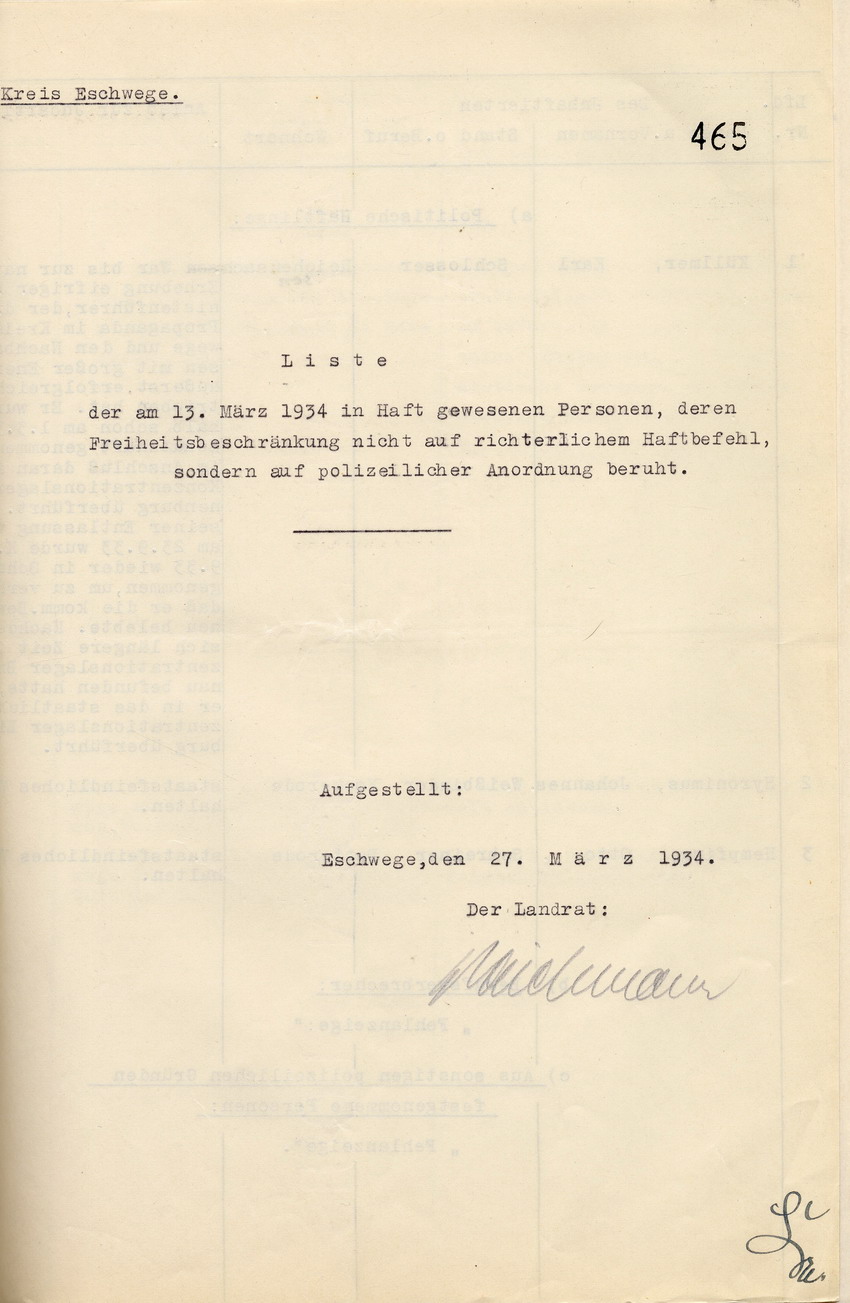 Landrat: Nachweisung der am 13. März 1934 in Haft befindlich gewesenen Personen, deren Freiheitsbeschränkung nicht auf richterlichem Haftbefehl, sondern auf polizeilicher Anordnung beruht, im Kreis Eschwege, Eschwege, den 27. März 1934.