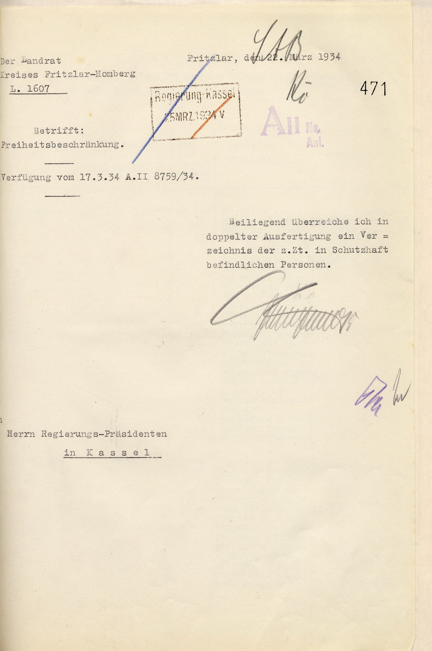 Landrat: Nachweisung der am 13. März 1934 in Haft befindlich gewesenen Personen, deren Freiheitsbeschränkung nicht auf richterlichem Haftbefehl, sondern auf polizeilicher Anordnung beruht, im Kreis Fritzlar-Homberg, Fritzlar, den 22. März 1934.