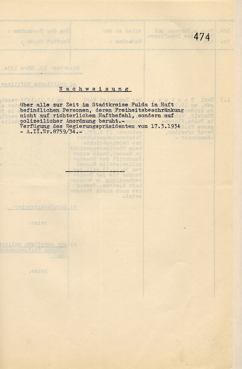 Landrat: Nachweisung der am 13. März 1934 in Haft befindlich gewesenen Personen, deren Freiheitsbeschränkung nicht auf richterlichem Haftbefehl, sondern auf polizeilicher Anordnung beruht, im Kreis Fulda, Fulda, den 25. März 1934.