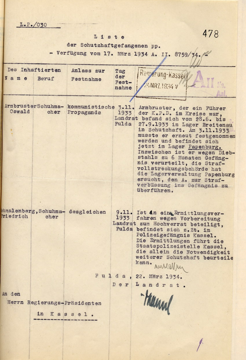 Landrat: Nachweisung der am 13. März 1934 in Haft befindlich gewesenen Personen, deren Freiheitsbeschränkung nicht auf richterlichem Haftbefehl, sondern auf polizeilicher Anordnung beruht, im Kreis Fulda, Fulda, den 25. März 1934.
