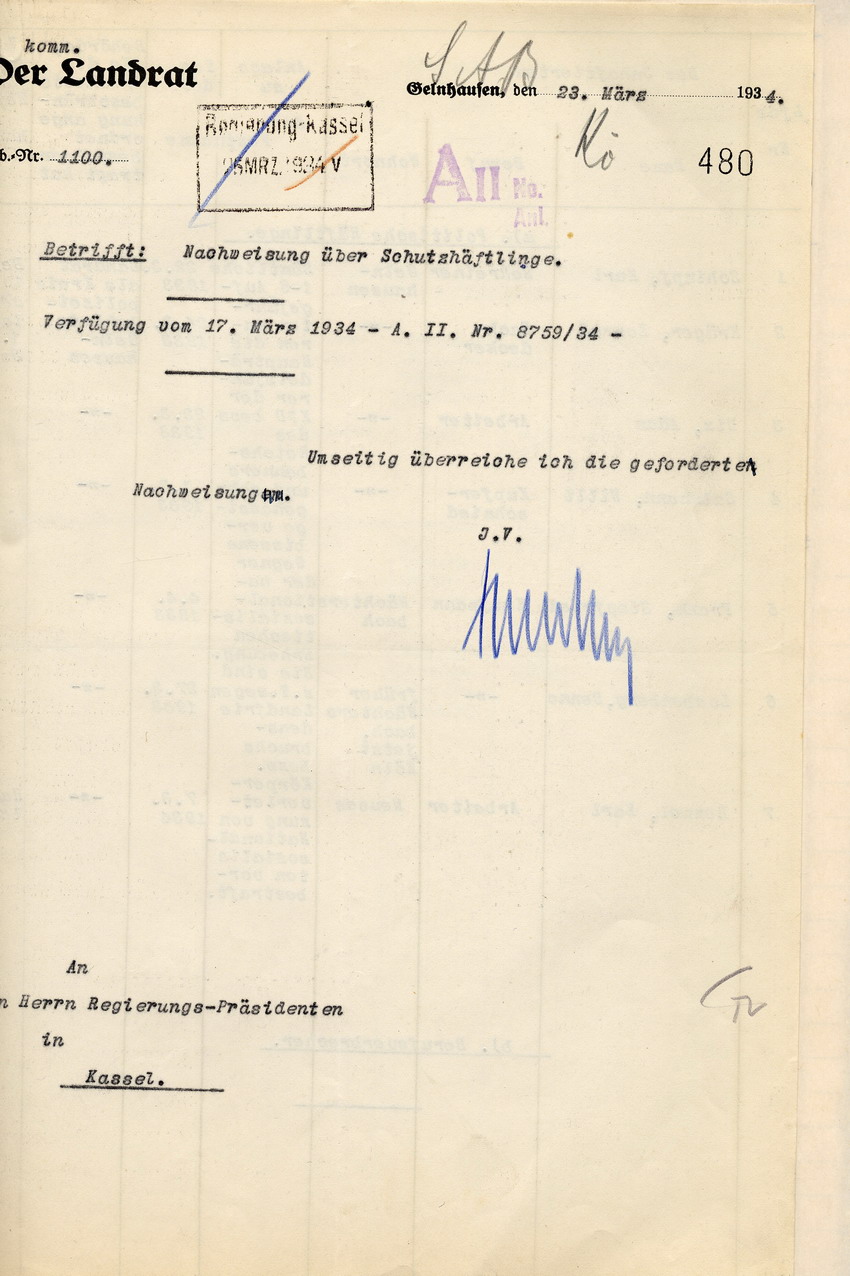 Landrat: Nachweisung der am 13. März 1934 in Haft befindlich gewesenen Personen, deren Freiheitsbeschränkung nicht auf richterlichem Haftbefehl, sondern auf polizeilicher Anordnung beruht, im Kreis Gelnhausen, Gelnhausen, den 23. März 1934.