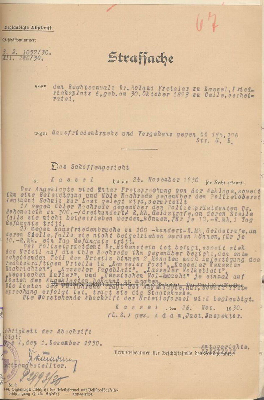Abschrift: Urteil des Schöffengerichts gegen Freisler wegen übler Nachrede und Hausfriedensbruch, Kassel, den 24. November 1930.