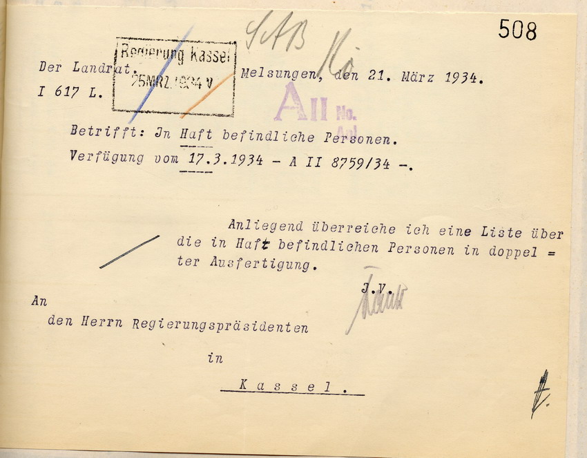 Landrat: Nachweisung der am 13. März 1934 in Haft befindlich gewesenen Personen, deren Freiheitsbeschränkung nicht auf richterlichem Haftbefehl, sondern auf polizeilicher Anordnung beruht, im Kreis Melsungen, Melsungen, den 21. März 1934.
