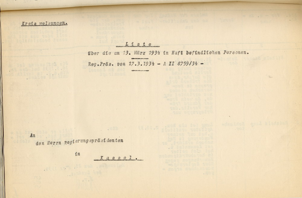 Landrat: Nachweisung der am 13. März 1934 in Haft befindlich gewesenen Personen, deren Freiheitsbeschränkung nicht auf richterlichem Haftbefehl, sondern auf polizeilicher Anordnung beruht, im Kreis Melsungen, Melsungen, den 21. März 1934.