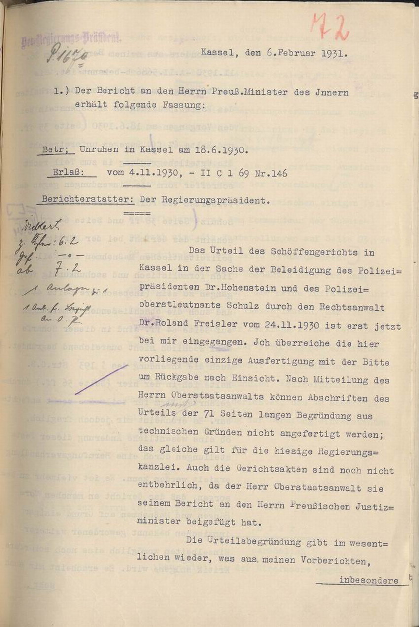 Bericht des Regierungspräsidenten an den Preußischen Minister des Innern: Prozessverlauf und Urteil im Verfahren gegen Freisler, Kassel, den 6. Februar 1931.